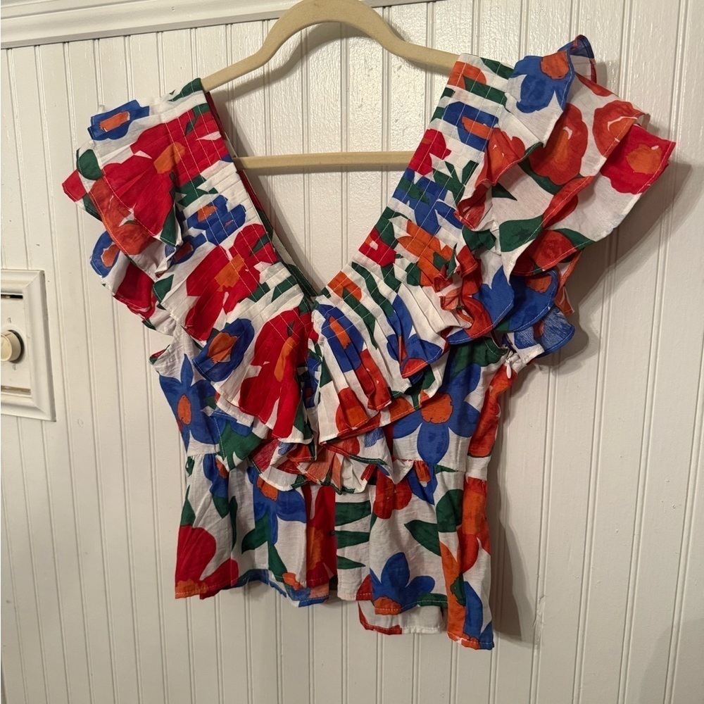 entro Floral Ruffle V-Neck Blouse in White, Red, Orange, Blue, Green - Picture 5 of 5